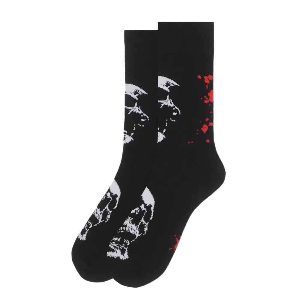 Men's Parquet Skull Pattern Novelty Crew Socks - Halloween Alternative, Spandex, Black-White-Red, Menswear Shoe Accessories