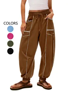 Women's New Loose Wide Leg Pants, Casual Drawstring Elastic Waist, Large Pockets, European Style Ladies Fashion Bottoms, Casual Comfy Baggy