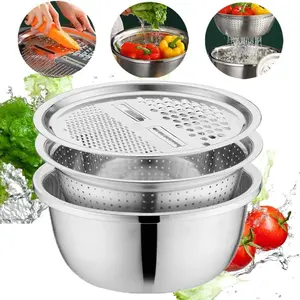 3-Piece Set 9-Inch Deepened Stainless Steel Multi-Functional Draining Prep Bowls, Vegetable Cutter, Vegetable Colander, Mixing Bowl & Slicer, Dishwasher Safe