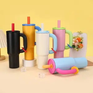 2025 Dopamine Color Stainless Steel Tumbler - Ergonomic Handle Travel Mug with Straw Lid & Lock Clip, Leak-Proof for Car, Office, Gym, School