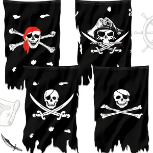 4 Pcs Pirate Flags 3 x 4.79 ft Halloween Party Decorations Roger Skull Bone Pirate Banner Weathered Retro White Skeleton Black Flag for Home Indoor Decor (Vertical Style)