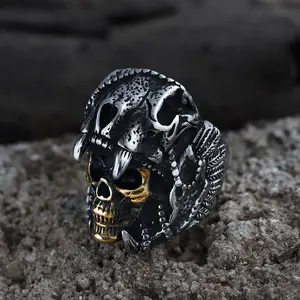 Aztec Jaguar Warrior Stainless Steel Skull Ring for Men Punk Ring Birthday Gift Size 7-13