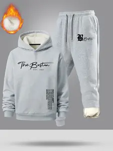 Sherpa Lined Heavyweight Winter Tracksuit - Thermal Lined Sports Black Thermal Hoodie and Jogger Set with Drawstring Waist | Thickened Warm Unisex Streetwear Letter Graphic Cold Weather Essential | Viral Outdoor Extreme Cold