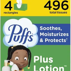 Puffs Plus Lotion Facial Tissues, 4 Family Boxes, 124 tissues per box
