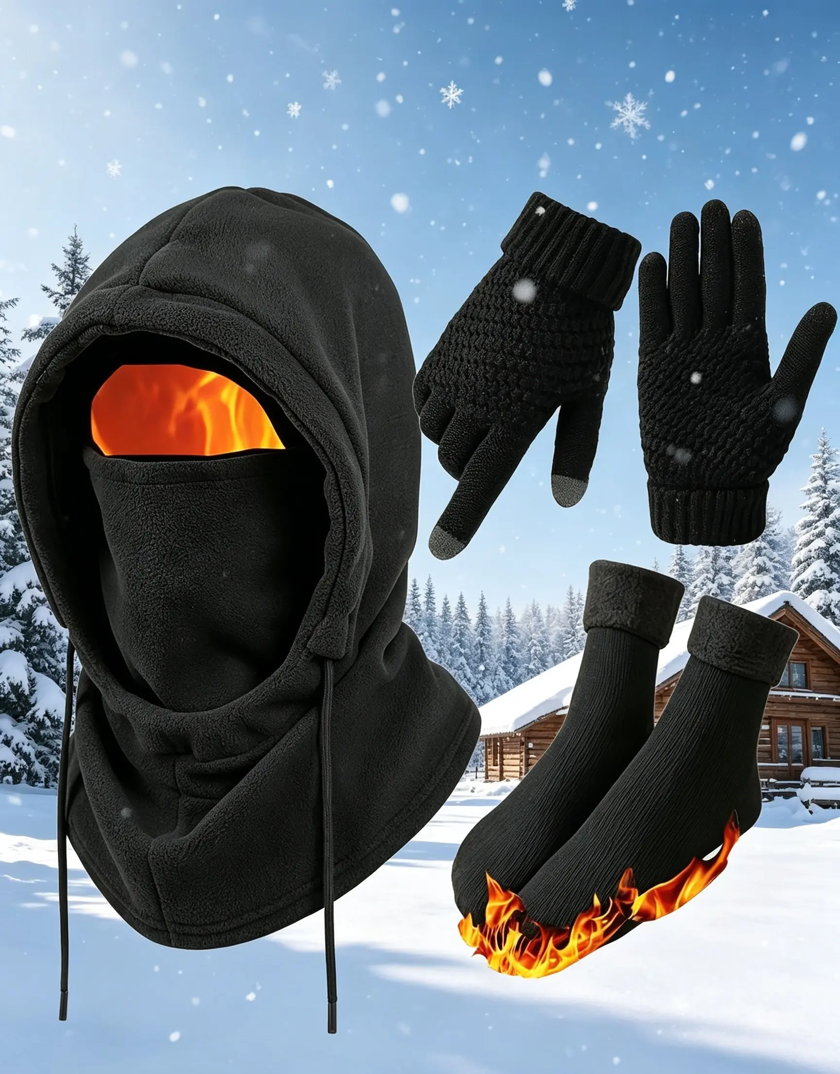 3 or 4-Piece Winter Warmth Set - Windproof and Warm Full-Face Mask Hooded Jacket, Gloves, and Thermal Socks - Extreme Cold Weather Gear for Skiing, Cycling, Snowboarding - Unisex for Adults (Hand Washable) - Ideal Christmas and New Year Gift