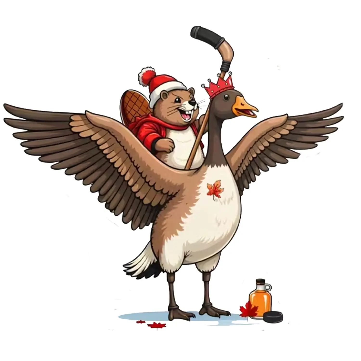 Funny Goose Hockey Vinyl Decal, Playful Beaver Rider Cartoon with Winter Sports Details, For Laptop Tumbler Car Window Phone Case & Gear Box
