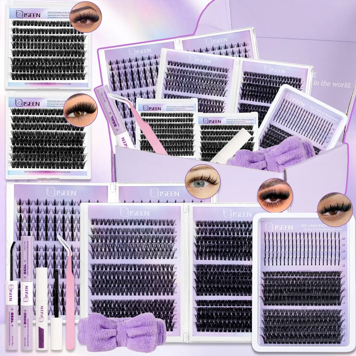 Lash Clusters Kit, Diy Volume Eyelashes, Mixed 8-16mm D Curl, Natural & Fluffy Individual Lashes with Long-lasting Lash Bond, Seal, Remove, Tweezers. DIY Eyelash Extensions Easy to Apply for Beginners, Perfect Gift for Women, Eyelashes Cluster