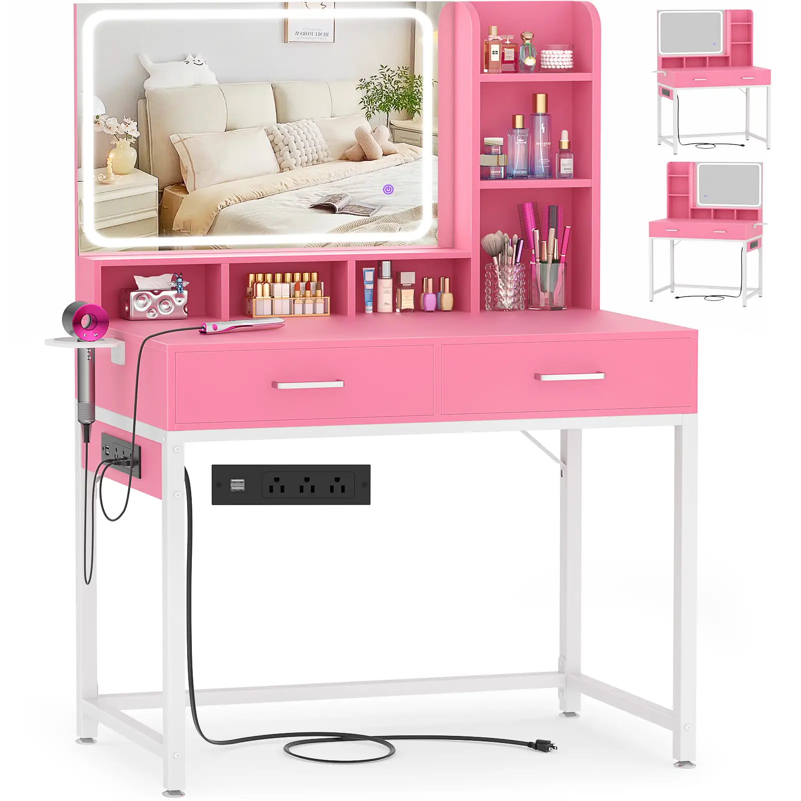 Vanity Desk with LED Mirror & Lights, Makeup Dressing Table with Power Strip, Adjustable Lighting, 2 Drawers & 7 Storage Compartments, Reversible Desi
