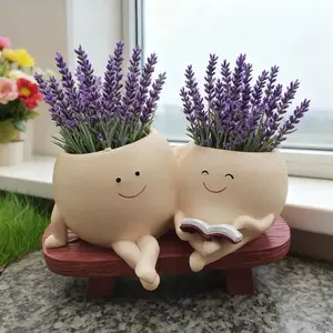 1pc Mother and Child Planter | Cute Reading Together Face Pot | Resin Double Planter with Mini Flowers | Gift for Mom Teacher Friend