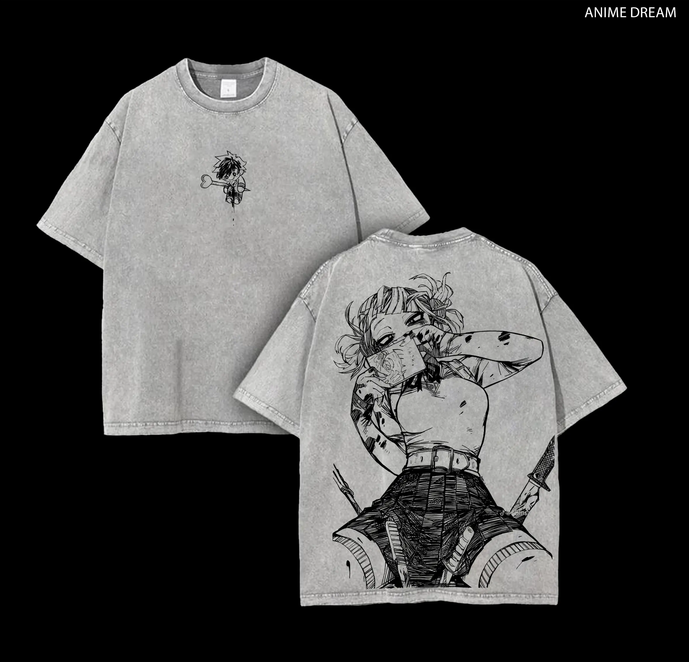 Toga Himiko My Hero Academia Anime Double Printed Vintage Washed Tee Unisex Oversize Anime Manga Washed Heavyweight Cotton T-shirt