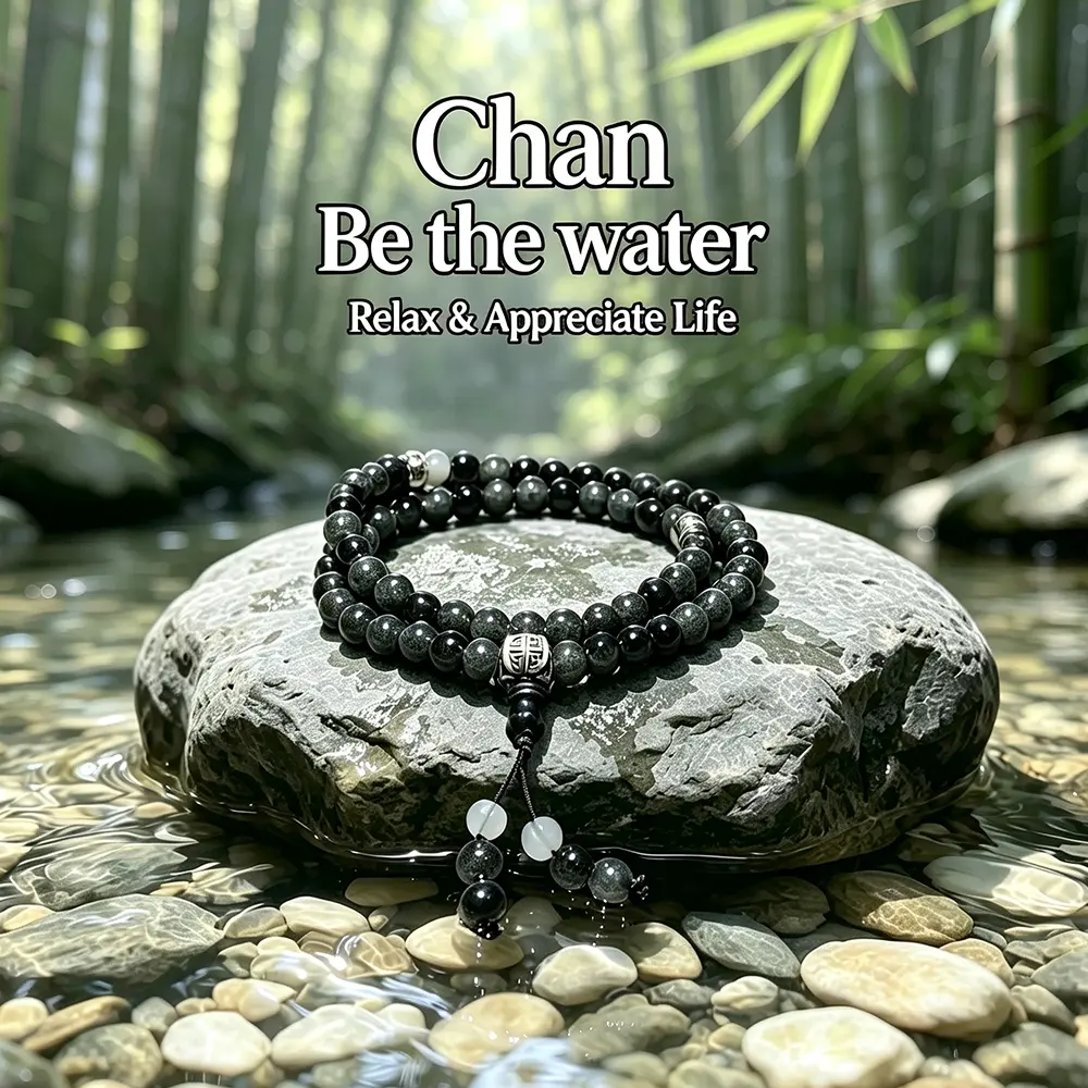 Black Crystal Beads w/ Silver Charm Bracelet,"Be the water",Taoist Culture Blessing 6mm Beads Bracelet,symbolizing a Calm and Serene Mind like Water / Daily Accessory