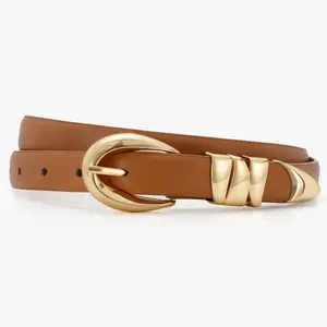 XZQTIVE Women Skinny Leather Belt for Jeans Pants Dresses Ladies Fashion Waist Belt with Shiny Gold Buckle