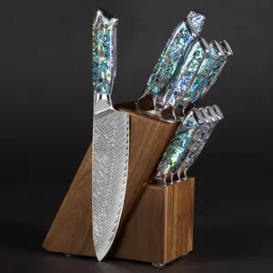 11-Piece Real Abalone Shell Damascus Kitchen Knife Block Set with Acacia Wood Block - 67-Layer Japanese VG10 Damascus Kitchen Knives, Complete Collection - Senken Knives