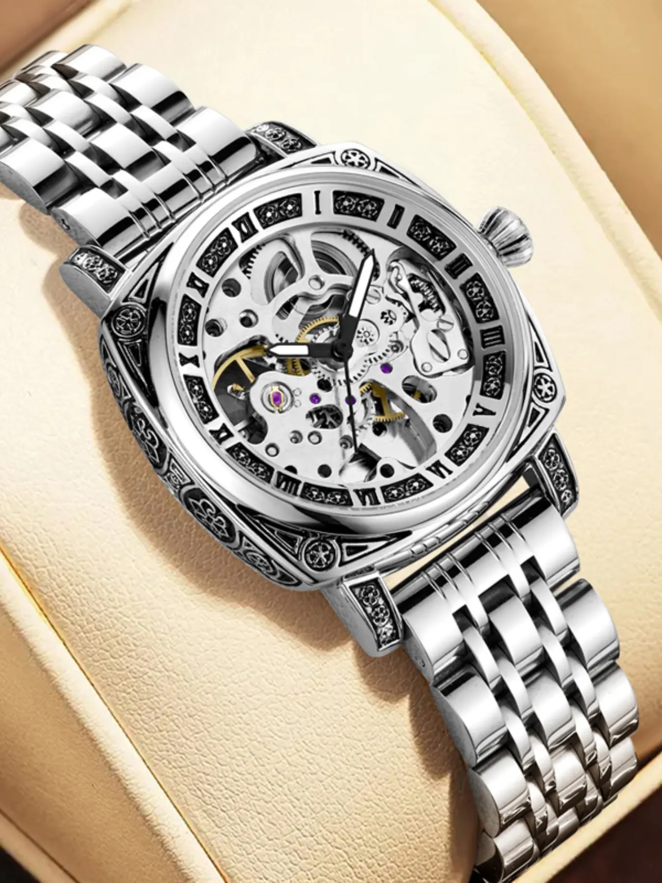 Luxury Women's Mechanical Watch, Hollow Out Elegant Analog Dial Automatic Night Light Waterproof, Casual Business Style, Perfect Gift for Her