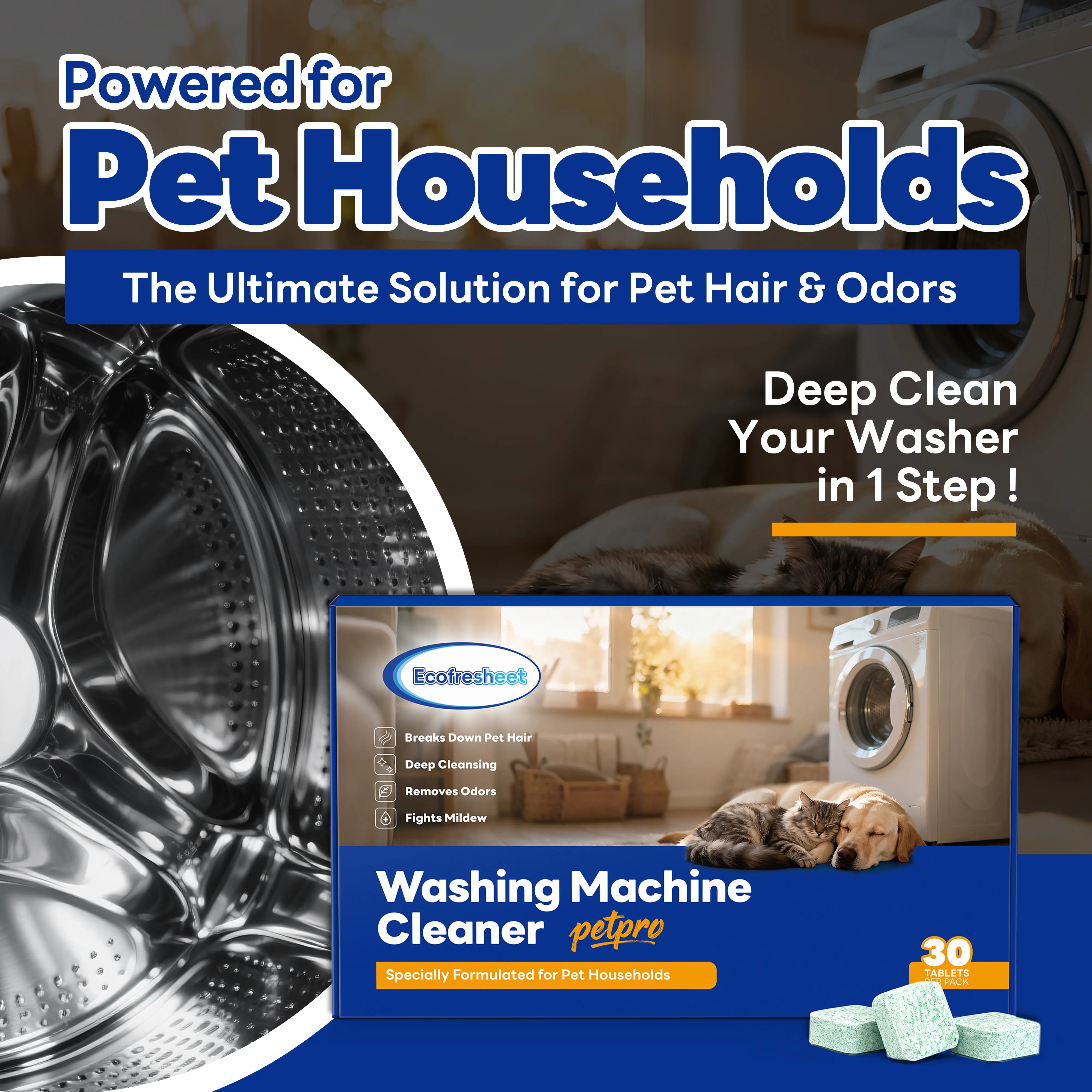 Ecofresheet Washing Machine Cleaner Tablets Pet Pro | Deep Cleaning Washer Descaler Odor Eliminator | Breaks Down Pet Hair & Fights Mildew | Safe for All HE Washers