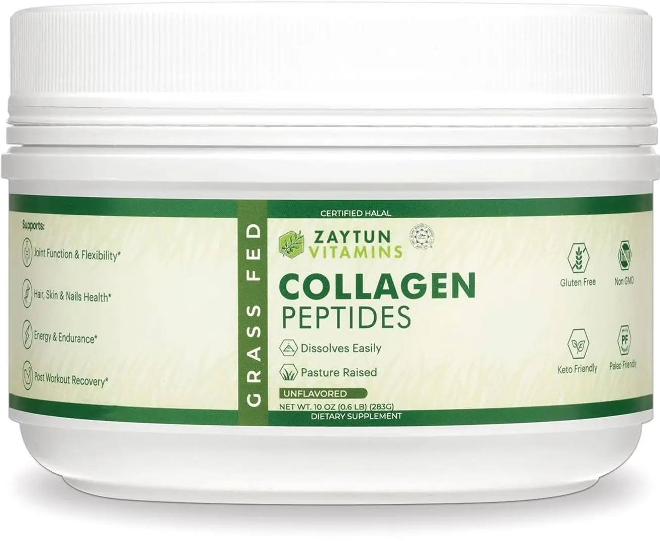 Zaytun Halal Collagen Peptides Powder, Hydrolyzed Type I & III Collagen, Supports Joint, Bone, Muscles, Hair, Skin, & Nails, Keto Friendly, Grass-Fed, 10 oz, Made in USA, Certified Halal