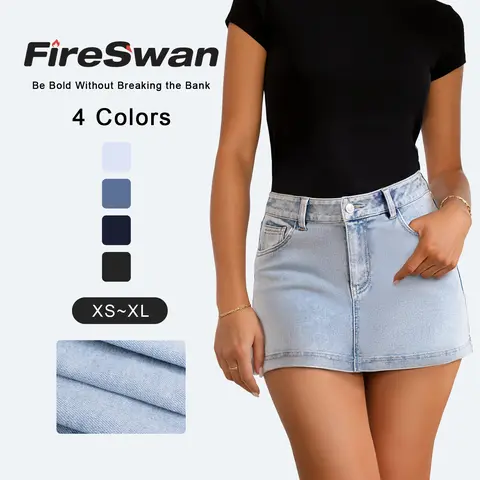 FireSwan High-Waisted Denim Jean Skirt Casual Mini - 2026 Trendy Stretchy Fabric, Oversized Fit, Chic Everyday Bottoms for Women, XS-S (S 4-6) Summer Casual Party Wear