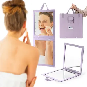 BRÜUN Backstage Hanging Mirror 25" x 11.4" Inches for Dance Bag with Dimmable LED Lights for Focused Glow – A Light-Violet Foldable Mirror for Dancers and Artists with Touch Sensitive Power Button
