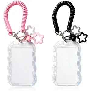 2 Pack Cute Kpop Photocard Holder Keychain Transparent PC Holder with Star Wave Design for Bus Student Card, Creative Photo Protector Keychain Pink and Black