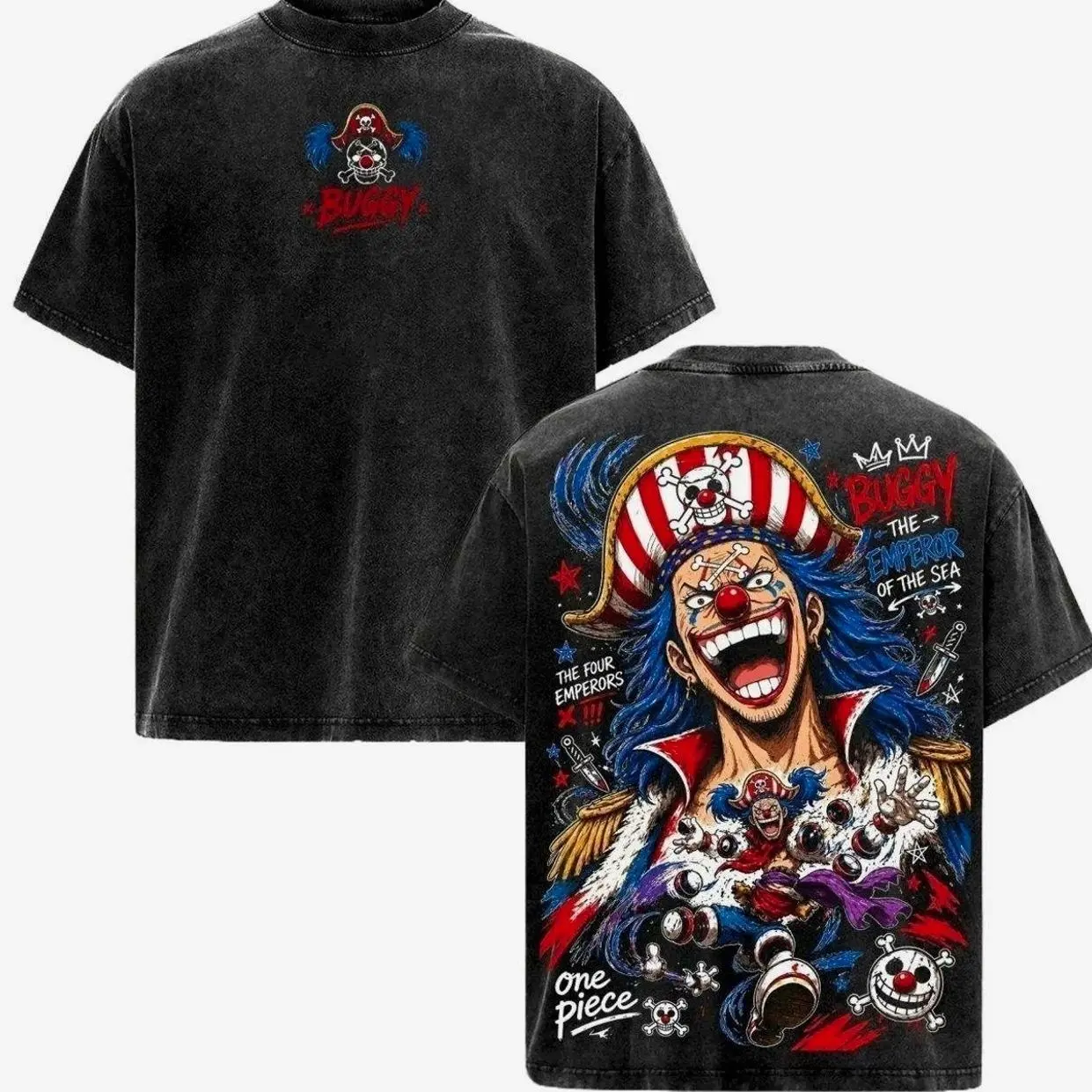 Buggy One Piece Vintage Washed Tee Emperor of the Sea Yonko Anime Shirt Manga Graphic Oversized Unisex CVZ VME Y05