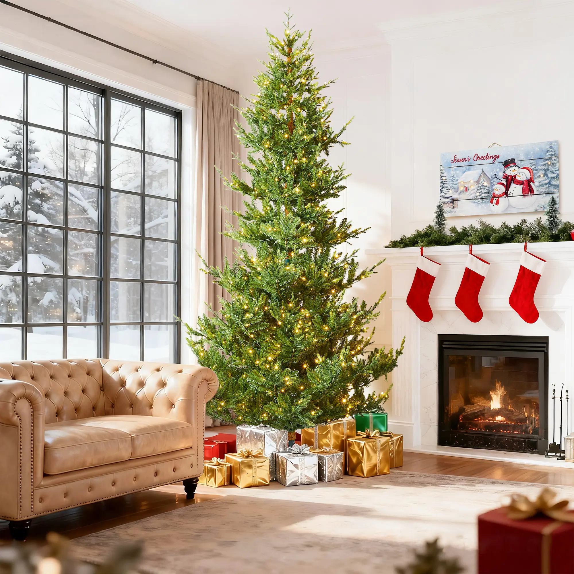 【Christmas in July】 Glitzhome 7.5ft/9ft Pre-Lit Green Upward Slim Fir Artificial Christmas Tree with Warm White and Multi-color LED lights, 9 funciton w/ Foot Pedal and Remote Control