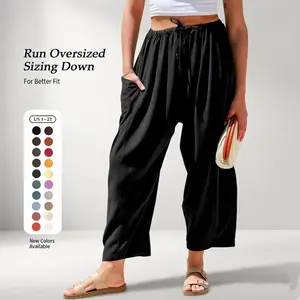Womens Linen Blend Wide Leg Pants Oversize Casual Loose Fit Beach Palazzo Harem Pants with Pockets Vacation summer outfits Womenswear