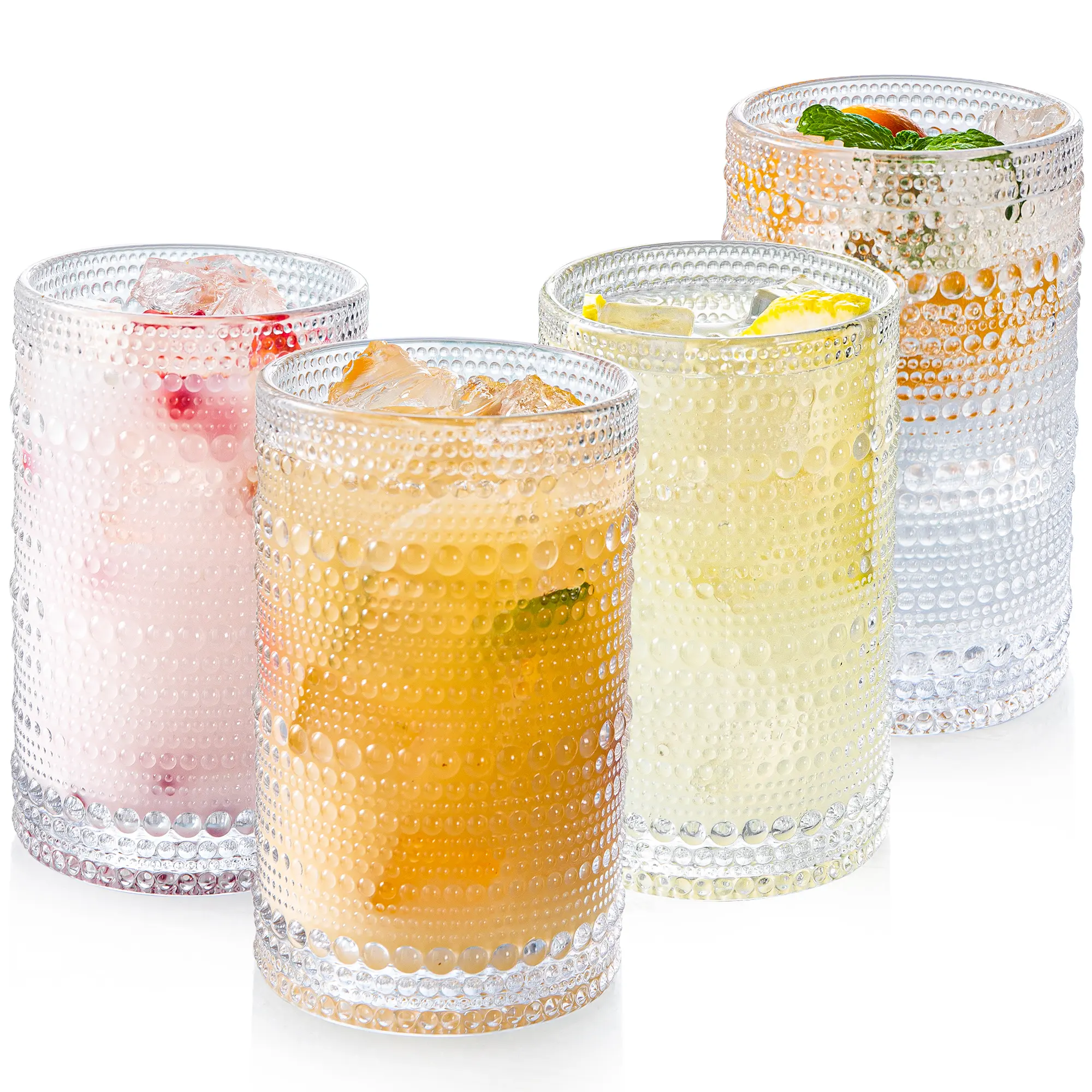 Hobnail Drinking Glasses Set of 4, Drinkware Art Deco Vintage Glassware, 12  oz Tall Crystal Tumblers,