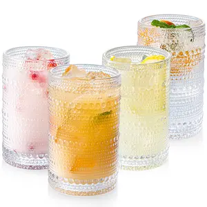Hobnail Drinking Glasses Set of 4, Drinkware Art Deco Vintage Glassware, 12 oz Tall Crystal Tumblers, Clear Embossed Glass Cups, Romantic Iced Beverage Glass, for Beer, Cocktail, Soda, Cappuccino set de vasos anthropologie  juice dishwasher