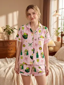 Women's Shrek Sleepwear Set, Soft Lightweight Pajamas, Comfortable Casual, Loungewear & Sleeping Wear, Cute Geometric Pattern, All Seasons Fitted