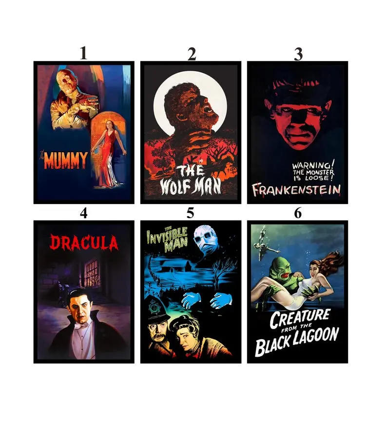 Classic Universal Monsters Poster Set | Vintage Horror Movie Wall Art | Dracula Frankenstein The Mummy Wolf Man Prints Unframed