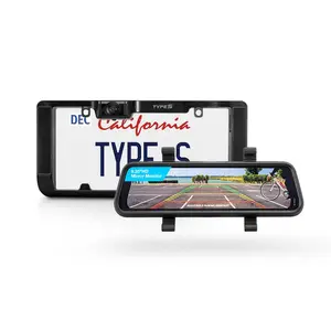 TYPE S Solar Powered Portable License Plate Frame Backup Camera with HD monitor built into rear-view mirror. Smart Wireless Button Control