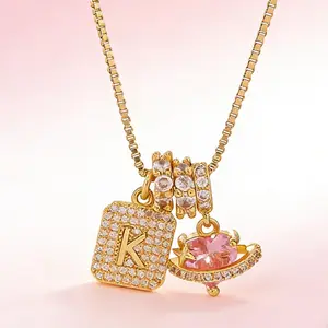 Valentines Day 2026 Diamond Initial Necklace 3D Pavé Pink Heart Pendant Personalized Gift  Mother's Day Gifts  for gf Womens Gifts
