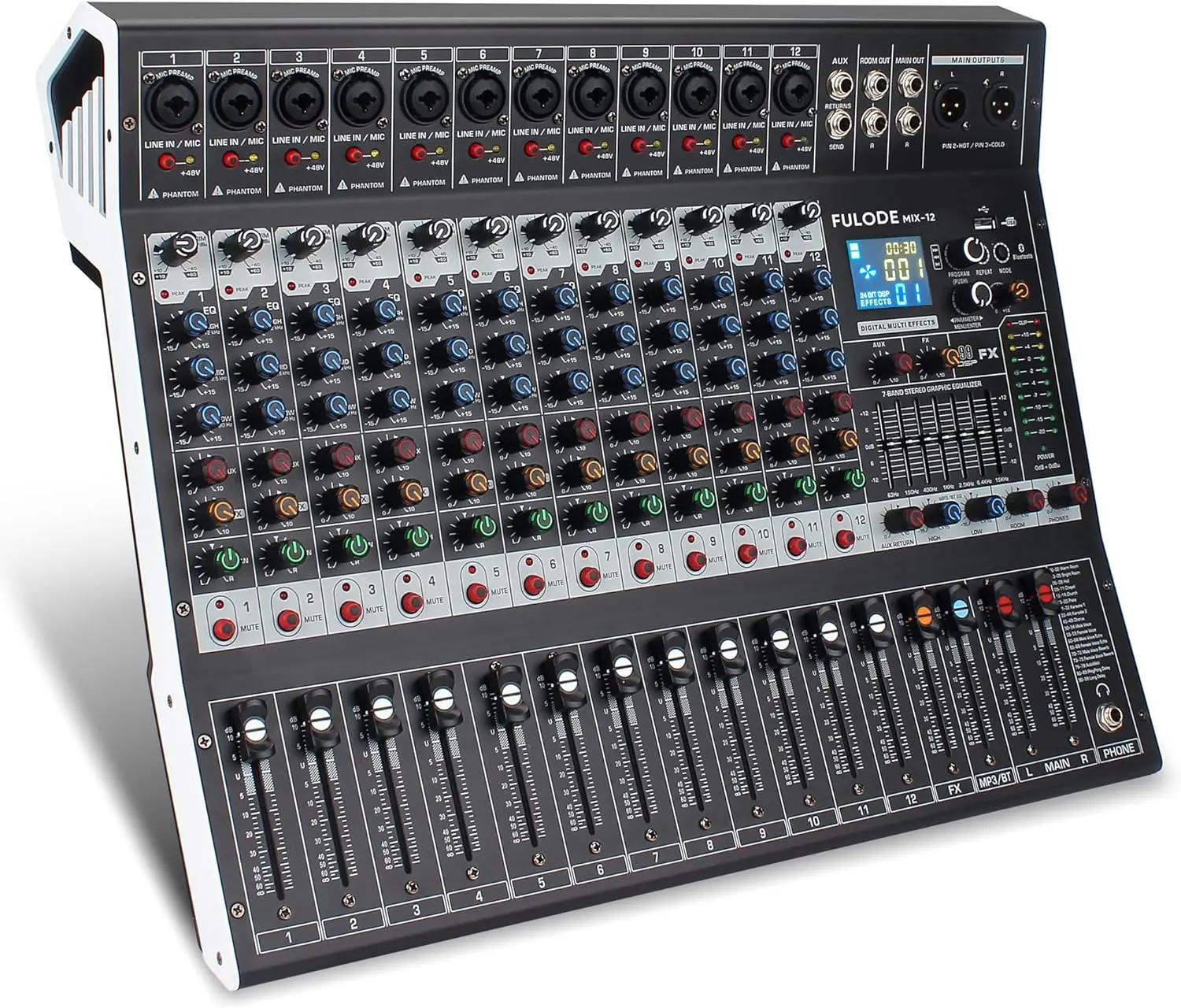 12-Channel Professional Audio Mixer Kit - Digital USB Port Mixer with Adjustable Echo Delay Effect, 48V Phantom Power, Plug-In Compatibility, Bluetooth Streaming, Mobile Connectivity, Display for Podcast Studio Equipment, Karaoke Systems