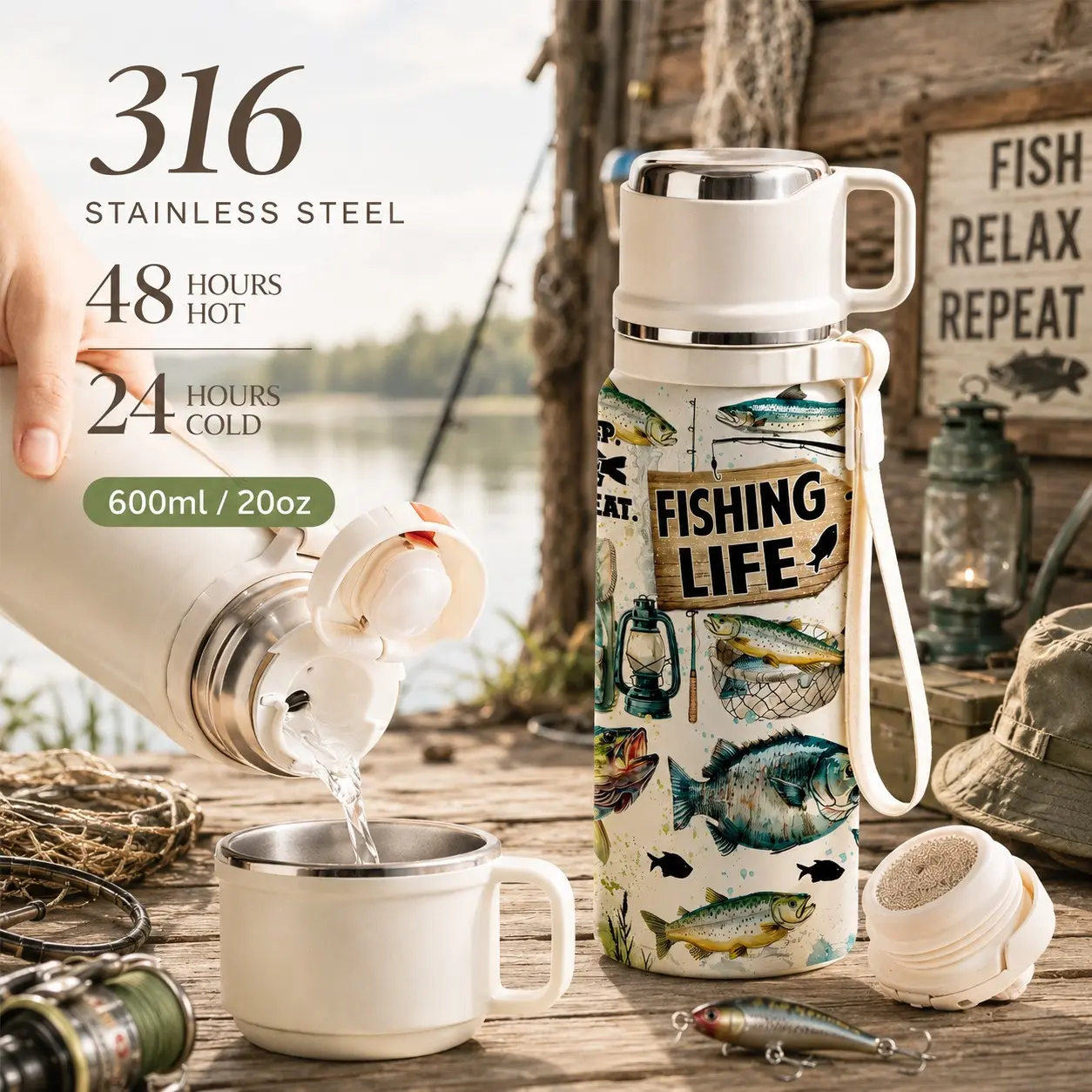 1 Pc 600ml Fishing Life Fish Pattern Insulated Mug, Double Wall Thermal Cup, Insulated Drinkware, Leak-Proof Design, Lid, Keeps Hot Drinks Warm 12H & Cold Drinks Cold 24H, Fishing Lover Gift, Stainless Vacuum Cup For Daily Use, Office, Gym, Travel