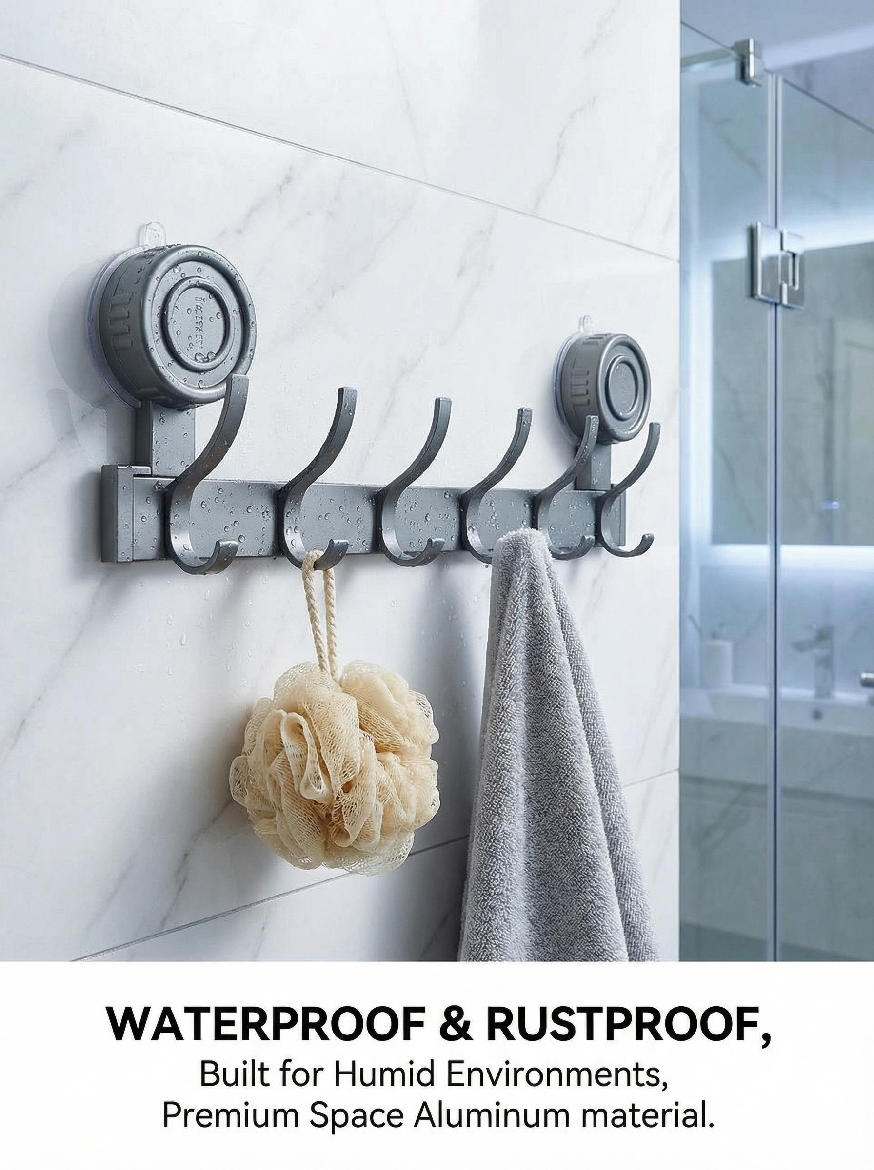 No Drill Succo Hook Rack, Heavy Duty Vacuum Suction Cup Towel Hooks for Bathroom, Wall Mounted Space Aluminum Hanger with 6 Hooks, Waterproof & Reusable, No Damage for Shower, Kitchen, RV, Renters, Hold Towels, Utensils, Robes, No Holes, Easy Install