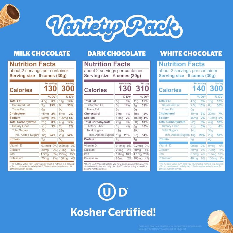 Muddy Bites Waffle Cone Snacks Bite Sized Filled Cone Bites for Snack or Dessert, Milk, Dark & White Chocolate, Made with Cane Sugar, Kosher, Fair Trade Certified (Variety Pack, 6 Bags)