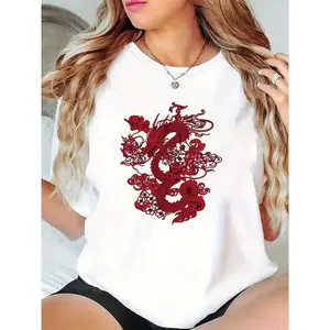 Women's White T-Shirt with Red Dragon & Floral Cloud Print, Chinese Lunar New Year Casual Daily Festival Top