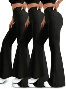 3-Pack Black High Waist Flared Leggings, Yoga & Pilates Flare Pants, Comfortable Stretchy Bell-Bottoms, Slim Fit Versatile Trousers For All Seasons SpringStatements