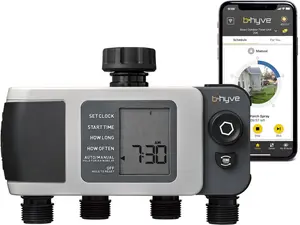 B-hyve XD 4-Port Smart Hose Watering Timer - App Controlled - Smart WeatherSense - Bluetooth Sprinkler Timer with Remote Control - Multi Outlet Yard Irrigation System - 24634