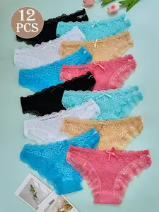 12 pieces of elegant women's panties with mixed colors, breathable and comfortable, lace floral patchwork design, versatile daily pure color breathable comfortable panties