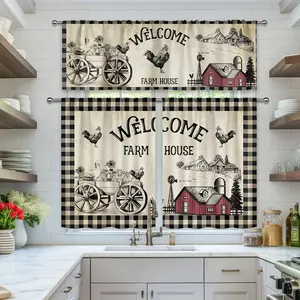 SoftHaven Home Made in USA Rustic Western Farmhouse Animal Kitchen Curtain Set, Farm Barn Rooster, Carriage and Windmill Line Art Pattern, Premium Polyester, Versatile Home Window Decor for Living Room, Bedroom, Dining Room, Cafe and Office