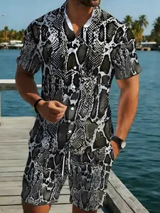 Men's Leopard Print Short Sleeve Romper, Summer Casual Fashion Set, Breathable Comfort Trendy Piece, Slim-Fitting Graphic Blouse