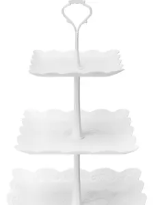 3 Tier Cupcake Stand, Plastic Tiered Serving Stand, Square Dessert Tray for Tea Party, Baby Shower and Wedding (Pure White)