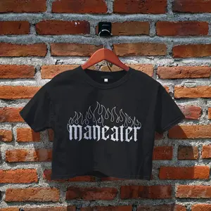 Maneater Crop Top, Gothic shirt, Goth Girl, Women's Crop Top, Aesthetic Tee, Fire Flame, Maneater Crop Tee, Gifts for Her