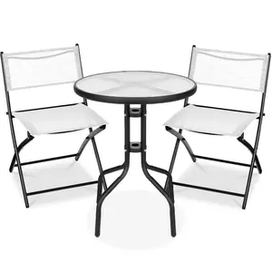 Best Choice Products 3-Piece Patio Bistro Dining Furniture Set w/ Round Textured Glass Tabletop, Folding Chairs