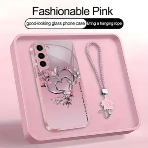 Suitable for [Galaxy S23+] high-end phone case，a beautiful four-leaf clover lanyard is included,Premium heart pattern,a variety of colors are available for you to choose from YM99