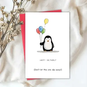 🎈 Funny Penguin Birthday Card - Cute Watercolor Animal Birthday Greeting Card with Red Envelope, Humorous Creative Bday Wishes Gift for Friends, Kids, Family, Co-workers, Premium 350GSM Glossy 5x7 Inch Social Media Trend Card