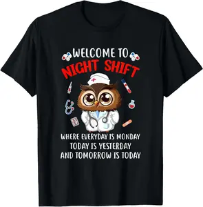 100% Cotton Owl Night Shift Funny Nurse Nursing Rn Lpn Cna For Men Women T-Shirt