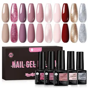 10-piece gel nail polish set, UR SUGAR popular nude pink and red glitter colors, long-lasting and removable UV LED gel nail polish set, suitable for DIY nail art at home, Manicure