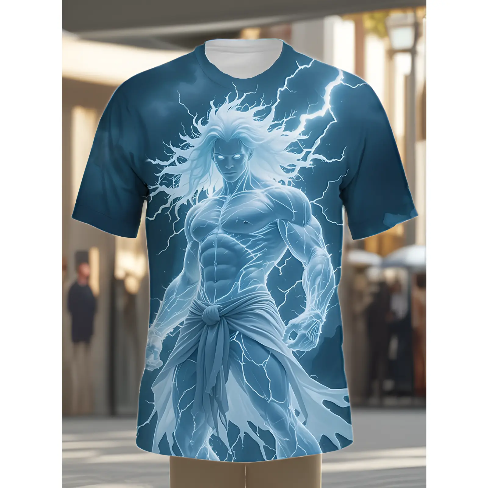 Men's Electric Blue Lightning T-Shirt - 3D Printed Round Neck Casual Summer Tee with Lightning Bolt Design, Machine Washable Suitable for, Gift for Boyfriend, Fashion Apparel